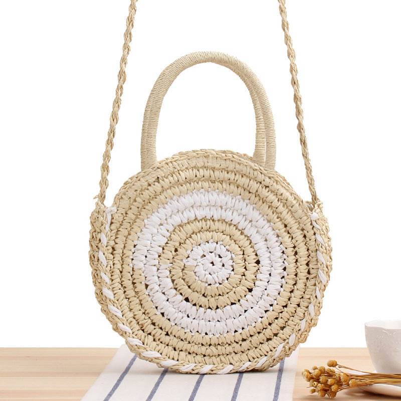 Round Straw Bags Women Summer Rattan Bag Handmade Woven Beach Cross Body Bag - Mubimart