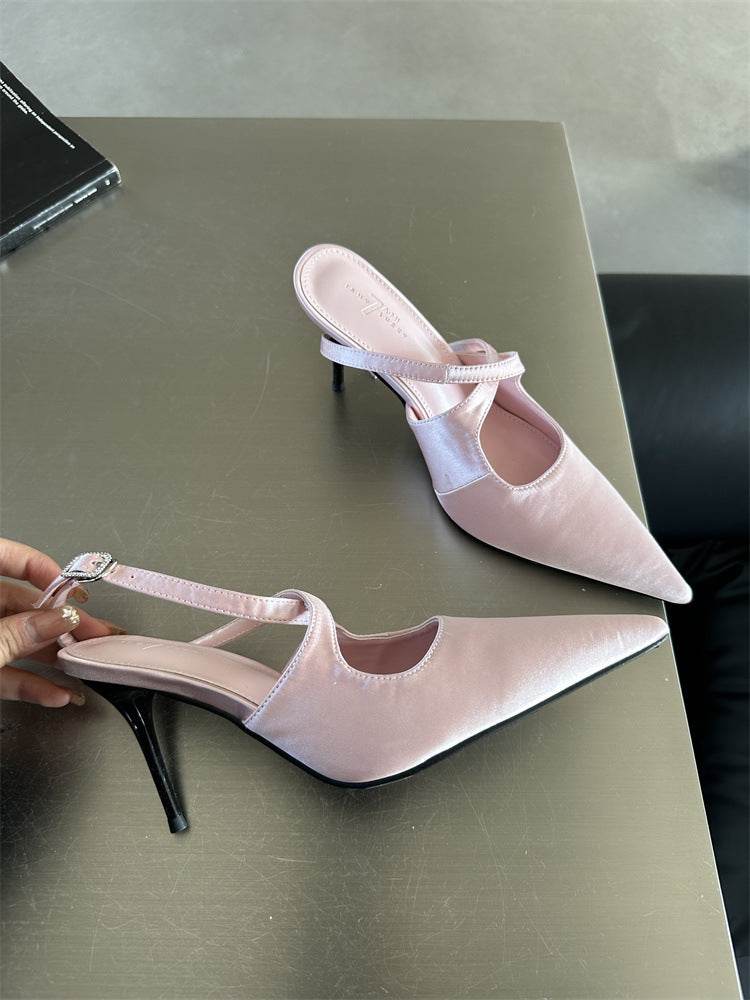 Elegant Pointed Toe Spring And Summer Light Satin Sandals Cross Strap Kitten Women's High Heels - Mubimart