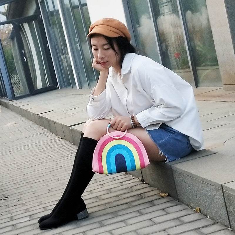 Rainbow portable straw woven bag beach women bag - Mubimart