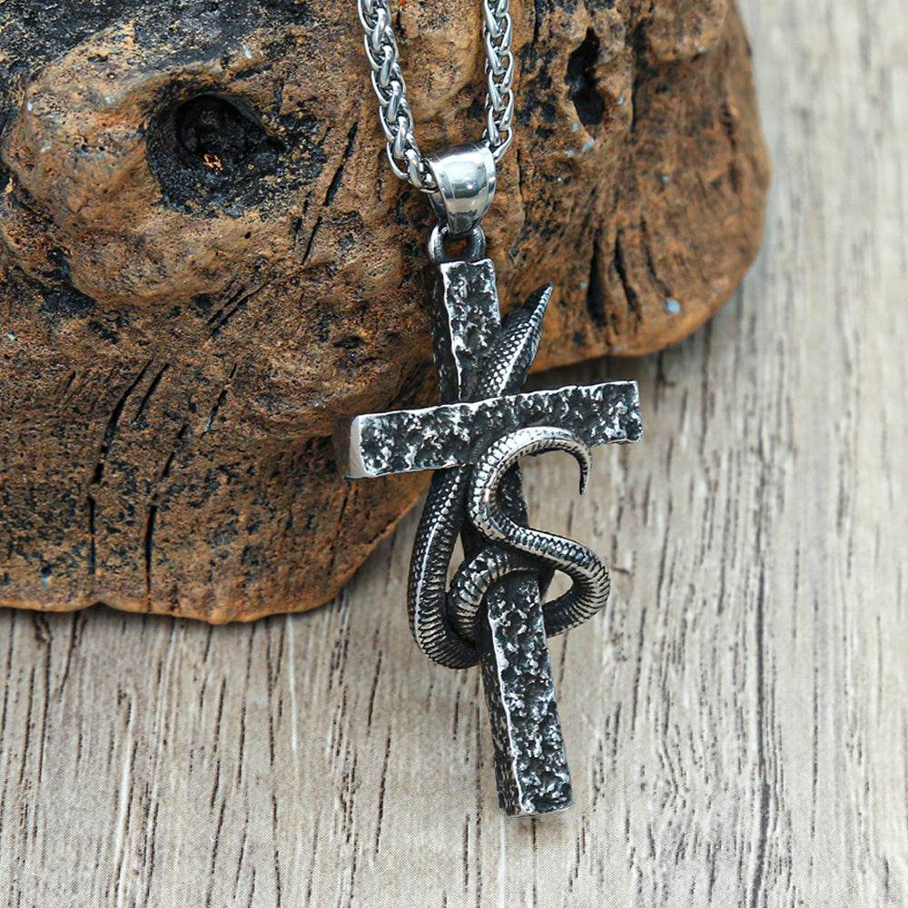 Mens Fashion Vintage Solid Three-dimensional Cobra Cross Pendant Necklace - Mubimart