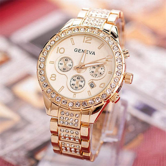 Geneva diamond calendar watch women fashion watch business casual ladies quartz tide watch fake three-eyed watch - Mubimart