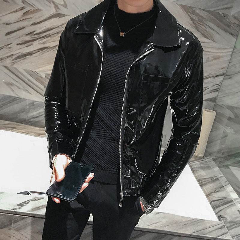 Handsome motorcycle jacket PU leather leather lapel jacket - Mubimart