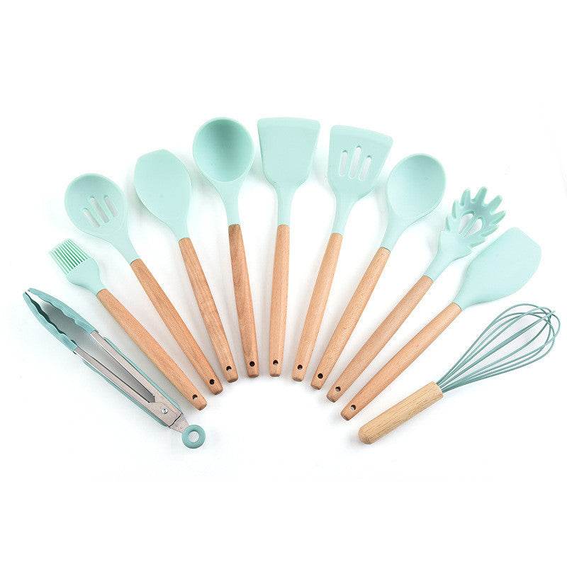 Silicone 11Pcs Kitchen Cooking Utensil Set Non-stick Spatula Heat Resistant Wooden Handle - Mubimart