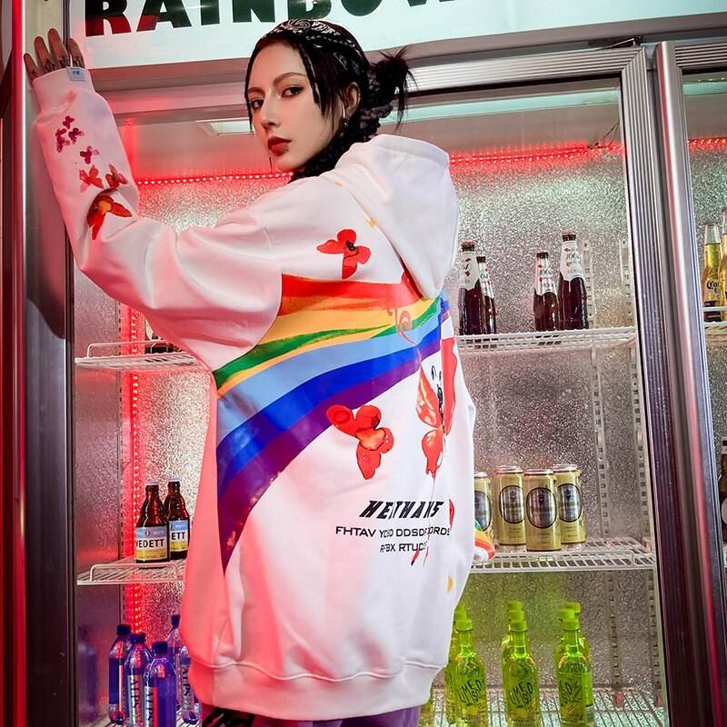 Hip Hop Rainbow Mens Streetwear Hoodie Sweatshirt Butterfly Print Pullover Cotton Casual Hooded Sweatshir Hipster Colorful - Mubimart