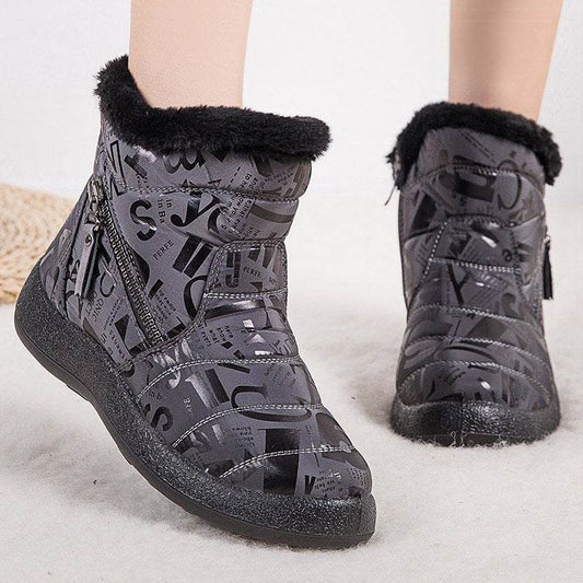 Letter Print Boots Winter Warm Plush Snow Boot Women Shoes - Mubimart