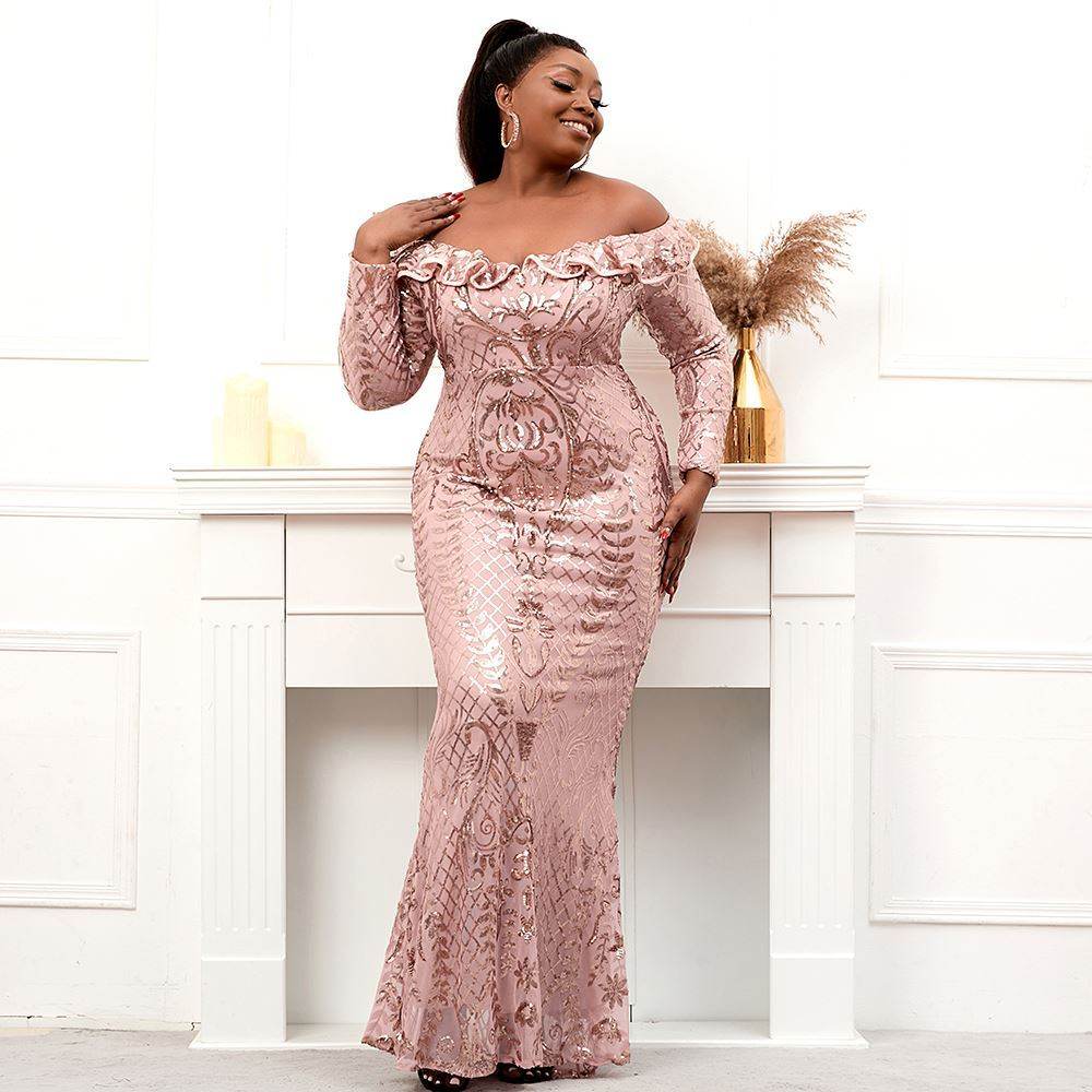 Plus Size Women Long Sve Bla GoSequin Evening Dress Ele - Mubimart