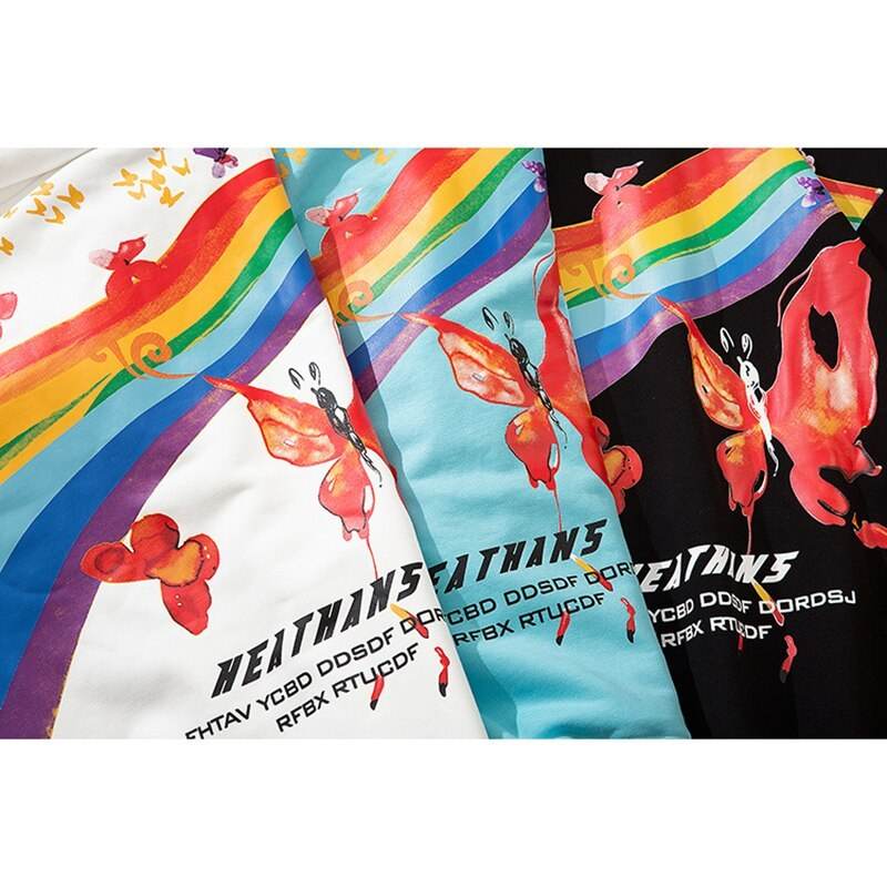 Hip Hop Rainbow Mens Streetwear Hoodie Sweatshirt Butterfly Print Pullover Cotton Casual Hooded Sweatshir Hipster Colorful - Mubimart
