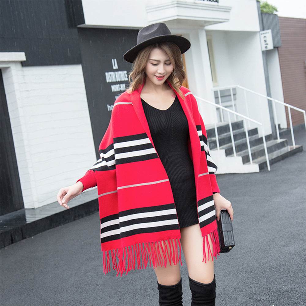 Striped fringe shawl - Mubimart