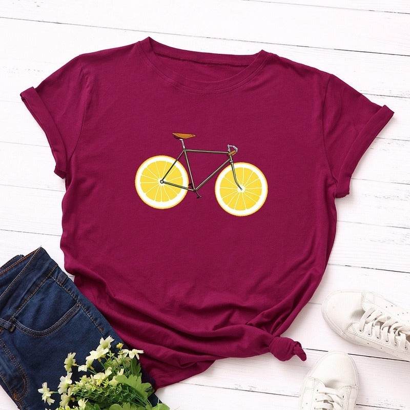 Cute bike print plus size t shirt - Mubimart