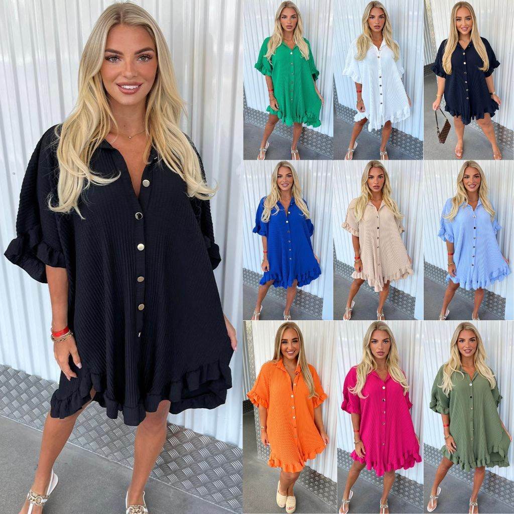 Summer Solid Color Shirt Dress Ruffle Sleeve Irregular Shirt Dress - Mubimart
