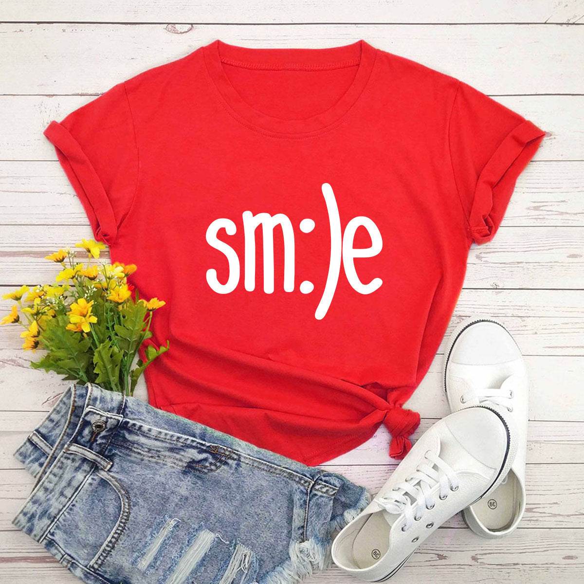 S-5XL Plus Size TShirt Women New Smile Letter Printed Shirt O Neck Short Sleeve Tees Summer Top 100%cotton Women's T-shirts - Mubimart