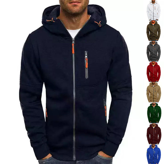 Men's Casual Zipper Hooded Sweater Solid Color Sports Fitness Jackets Cardigan