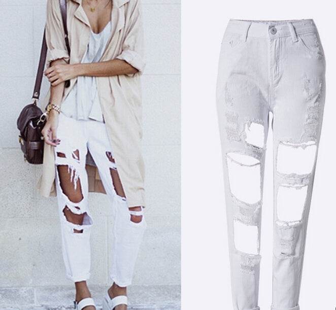 Ripped Jeans High Waist Women Ripped Hole Knee Skinny Pants - Mubimart