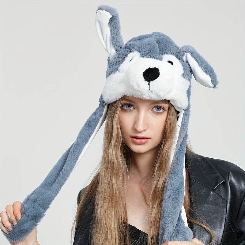 Cute Animal Moving Ear Hat Cute Panda Dog Frog Puppy Plush Hats Halloween Cosplay Party Earflap Hat For Women - Mubimart