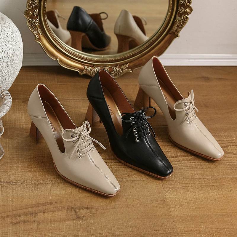 Deep Mouth Single Shoes Women's Large Size Lace Up Fashion High Heels - Mubimart