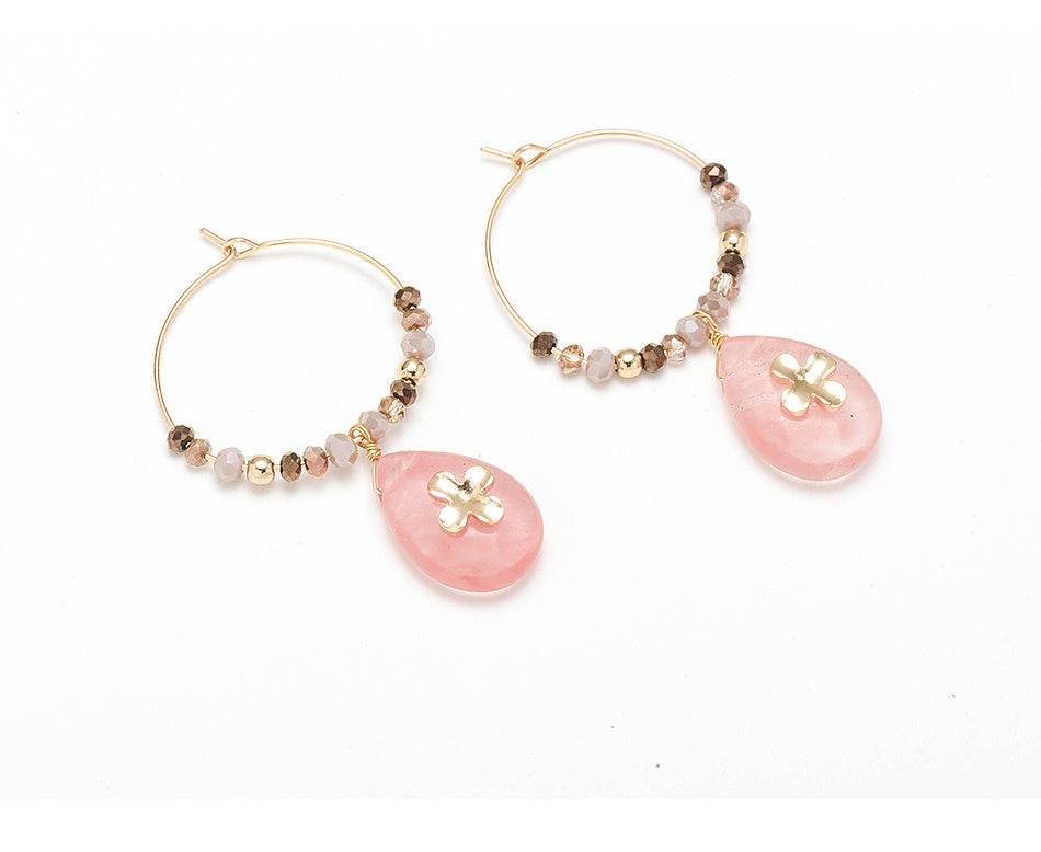 Women Fashion Natural Stone Hoop Earrings With Pink Waterdrop Stone - Mubimart