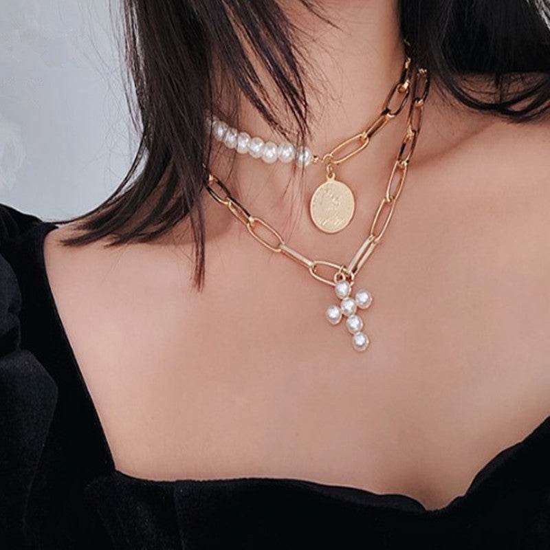Luxury Design Imitation Pearls Choker Necklace Female Cross Pendant Necklaces for Women Gold Color Fashion Coin Jewelry - Mubimart