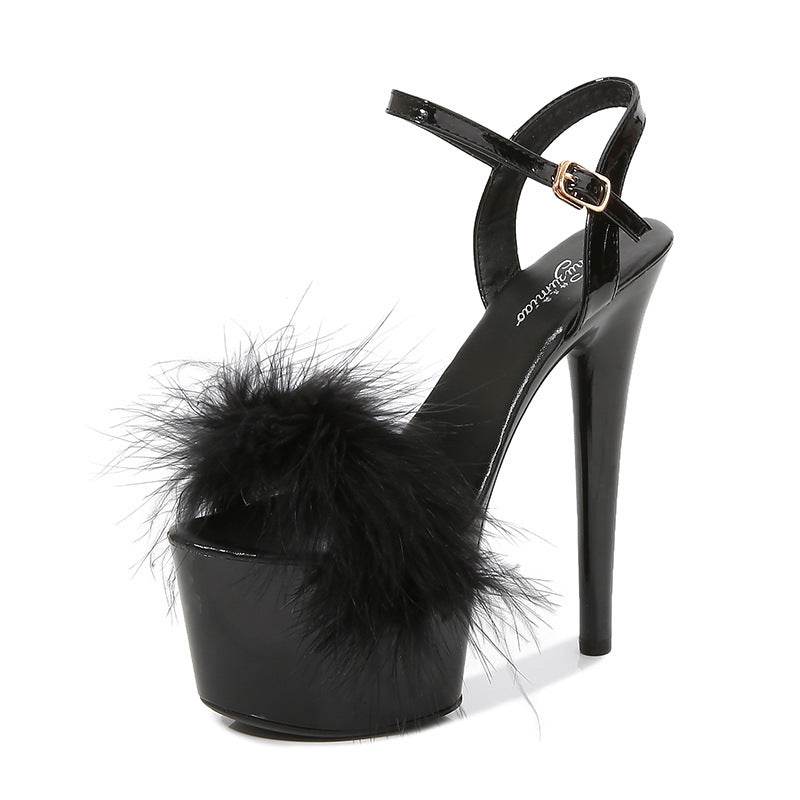 Patent Leather Stilettos Platform Sandals Fur High Heels - Mubimart