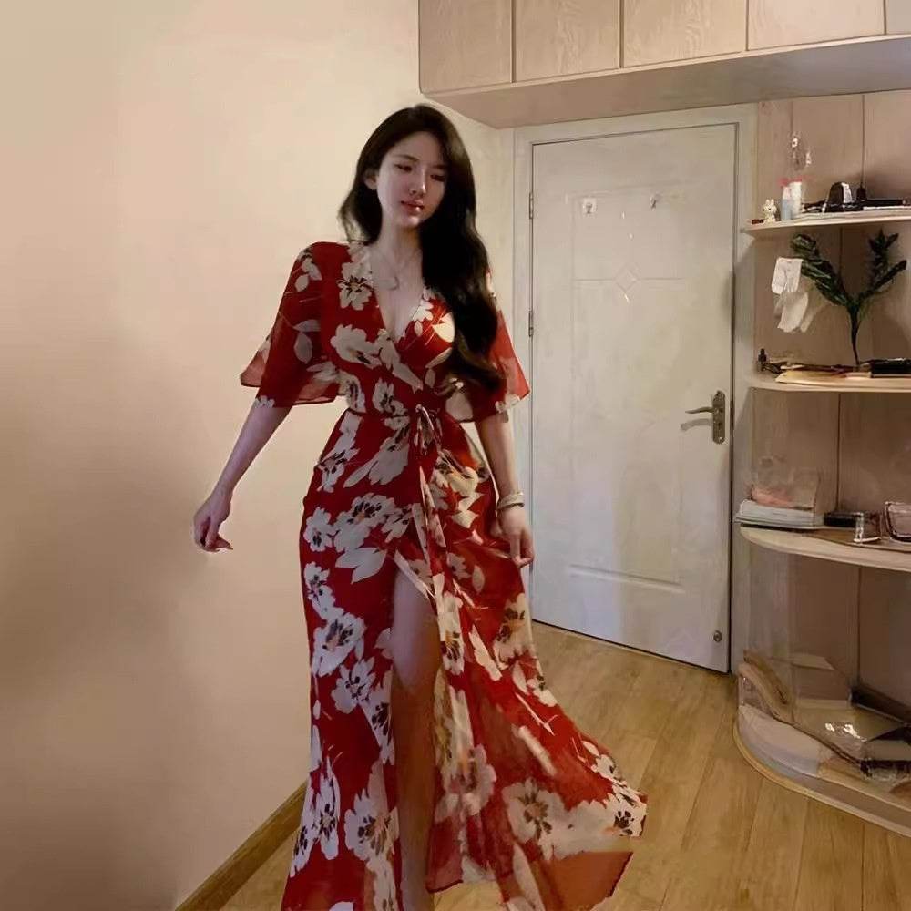 Plus Size Red For Women Printed V-neck Dress - Mubimart