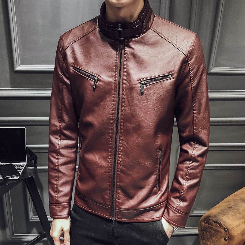 Leather jacket men's leather zipper cardigan men's jacket - Mubimart