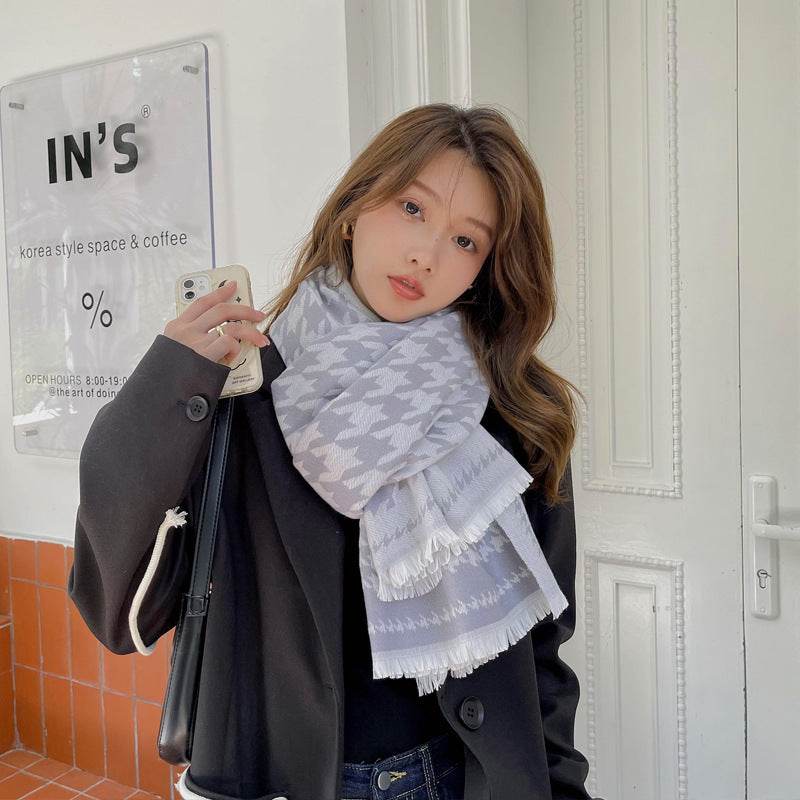 Warm Shawl Size Houndstooth Long Short Beard Scarf - Mubimart