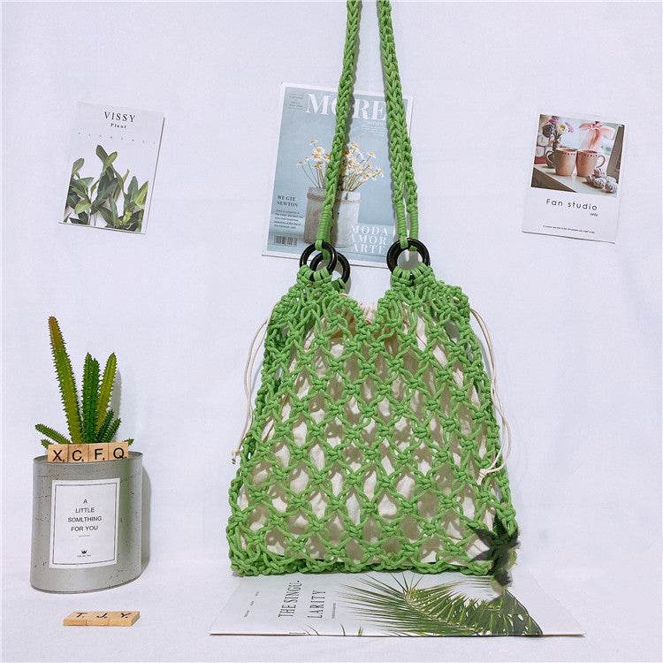 Women One Shoulder Hand Straw Beach Bag - Mubimart