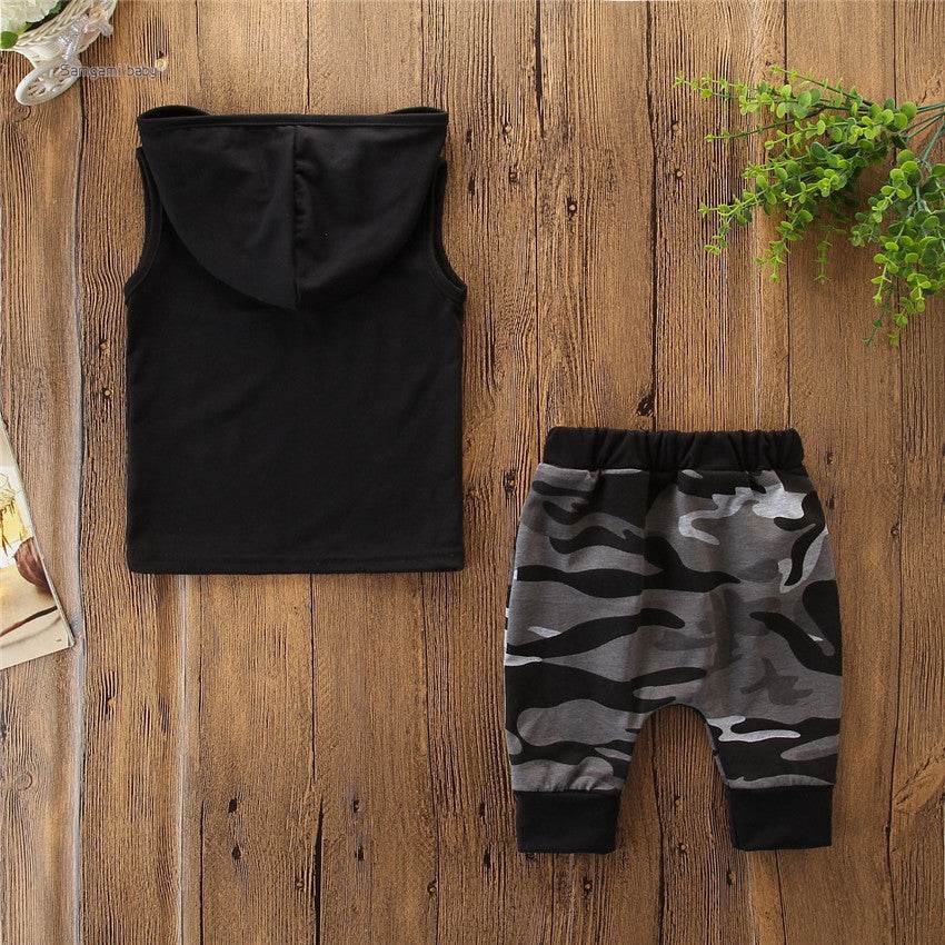 2PCS Toddler Kids Baby Boy Sleeveless Hooded Clothes T-shirt Tops Camo Pants Outfits - Mubimart