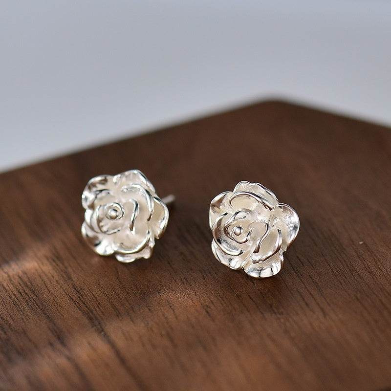 Silver Stud Earrings For Women Camellia Design Earrings - Mubimart