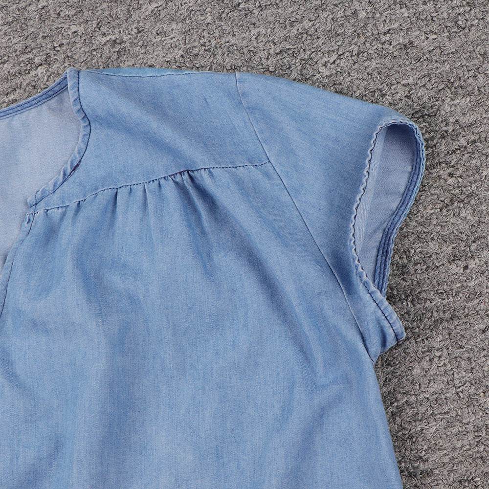 Round Neck Pleated Loose Solid Color Casual Plus Size Denim Dress - Mubimart