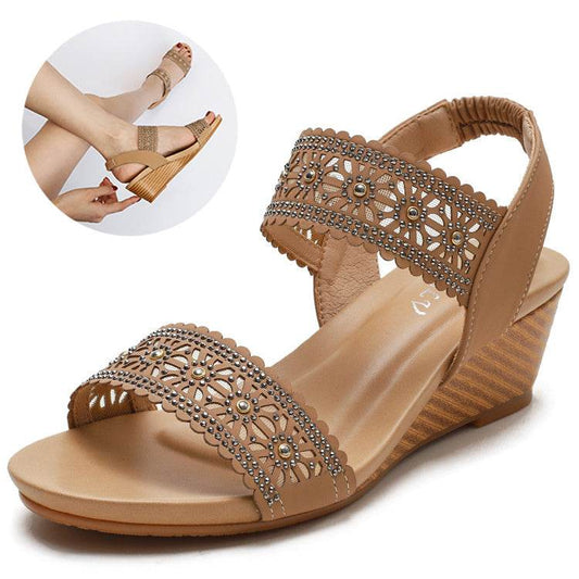 Flower Hollow Out Sandals With Rhinestones Wedges Shoes Women - Mubimart