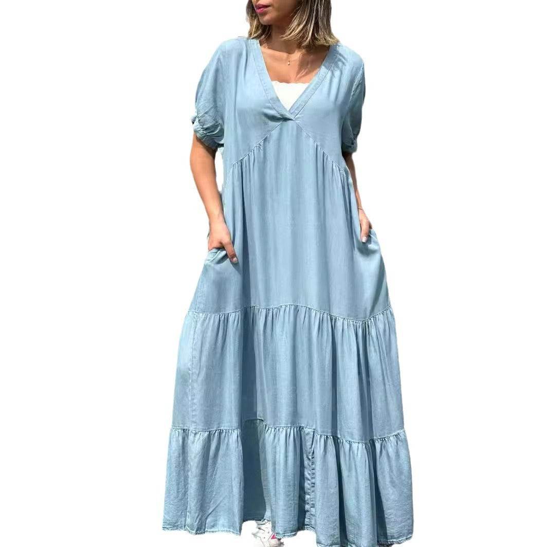 European And American Plus Size Women's Clothes Faux Denim Solid Color And V-neck Long Dress - Mubimart