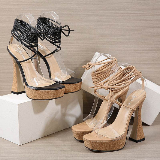 Women's Square Toe Platform High Heels - Mubimart