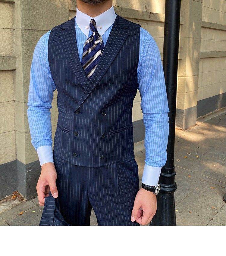Men's Striped Suit Vest Italian Style Neapolitan Double Breasted Lapel Vest - Mubimart
