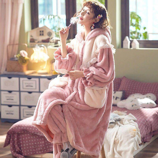 Cute Nightgown Plus Fleece Nightdress Flannel Set - Mubimart