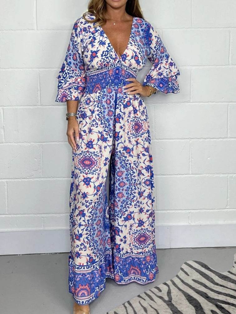 V-neck Printed Jumpsuit Plus Size Casual Jumpsuit - Mubimart