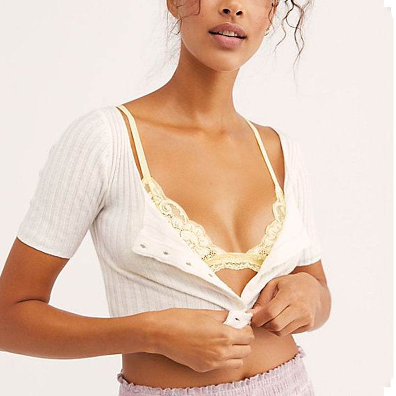Sexy Lace Triangle Cup Bra Wireless Mesh Deep V Women's Bra Soft And Breathable - Mubimart