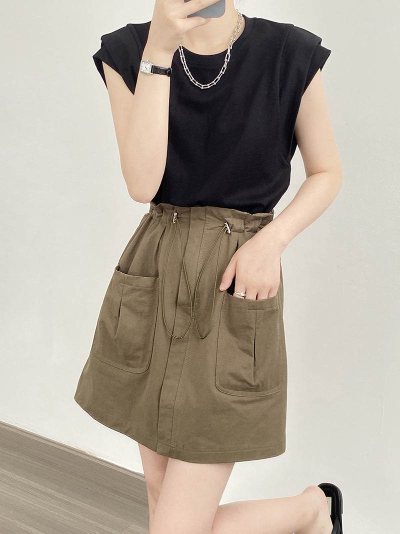 Drawstring Elastic Waist Skirt Large Workwear With Pocket Skirt - Mubimart