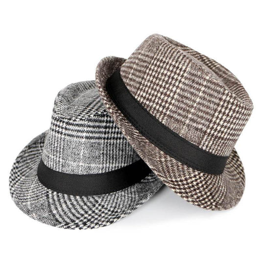 Autumn And Winter New Woolen Cloth Men's Top Hat Men's British Retro Fashion Plaid Fedora Hat - Mubimart