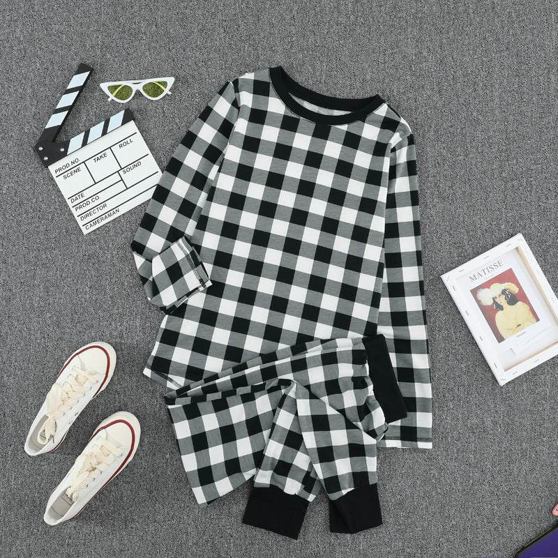 Christmas Long-sleeved Trousers Loungewear Suit Plaid Contrast Color Home Pajamas For Women - Mubimart