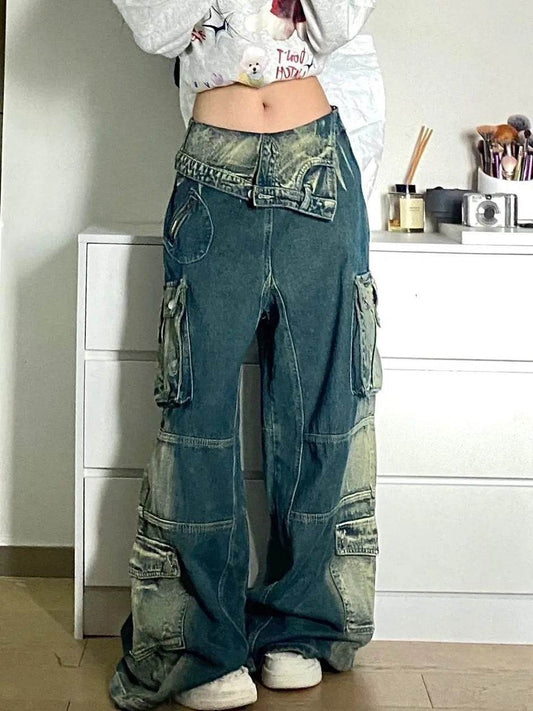 Plus Size Retro Washed Cargo Jeans Women - Mubimart