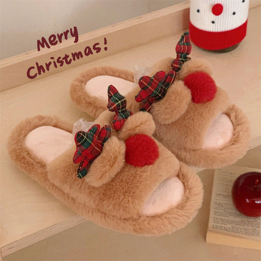 Indoor Cute One-word Cotton Slippers Autumn Women's Cartoon Fluffy Slippers