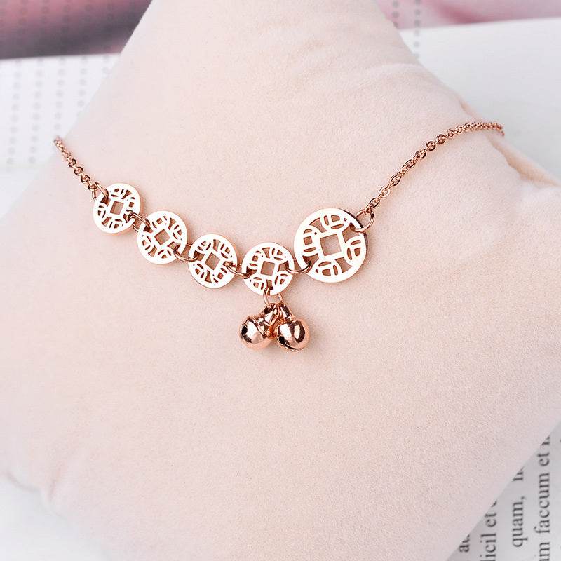 Rose Gold Bells Anklet Boho Stainless Steel Coin Charms Chain Anklets - Mubimart