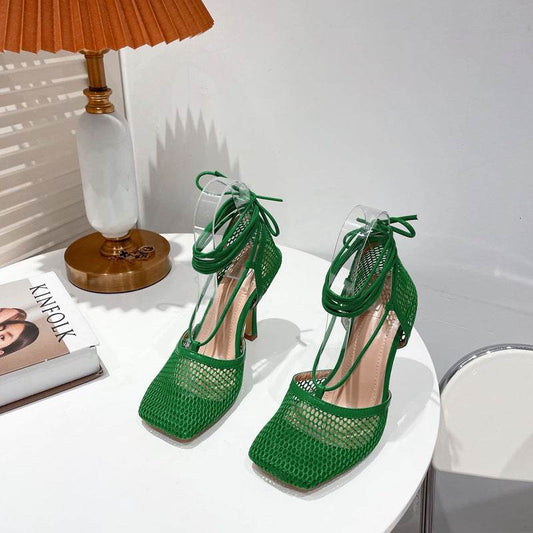 Women's Super High Heel Baotoe High Heels Square Toe Lace Up Shoes - Mubimart