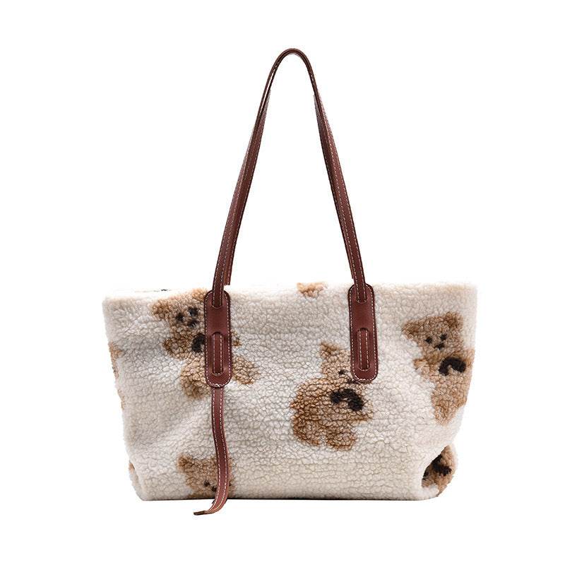 Women Cute Bear Plush Shoulder Bag Large Tote Handbag Purse - Mubimart