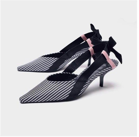 Boussac Stripe Kitten Heel Women Mules Pointed Toe Bowtie Women Sandals High Heels Summer Slip on Shoes Women SWC0112 - Mubimart