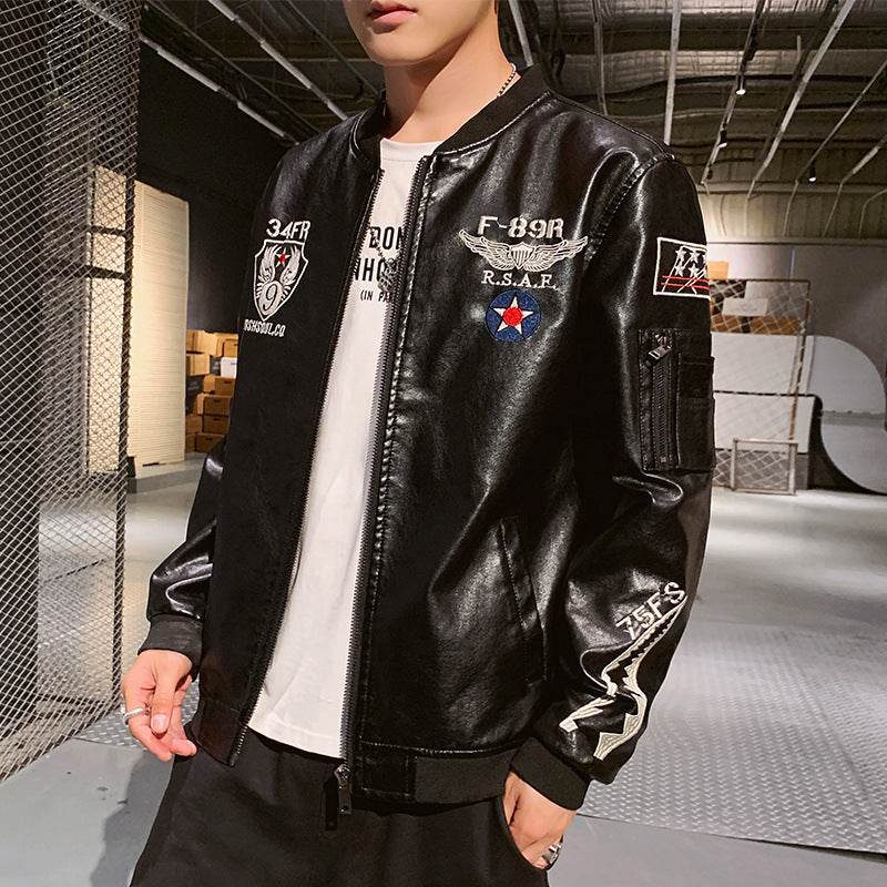 Men's Motorcycle Leather Jacket Embroidered Leather Jacket - Mubimart