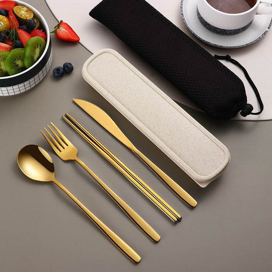 304 Dinnerware Set Flatware Kitchen Accessories Camping Travel Sets Gold Knife Fork Spoon Portable Cutlery Sets With Case - Mubimart
