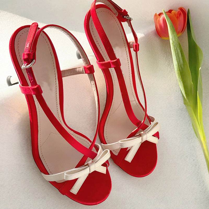 Women's Open Toe Stilettos Bow Buckle Sandals - Mubimart