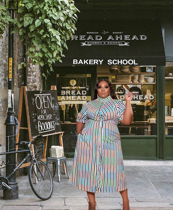 Striped Contrast Printing Long-Sleeved Shirt Plus Size Dress - Mubimart