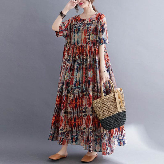 Artistic Plus Size Printed Short Sleeve Dress For Women - Mubimart